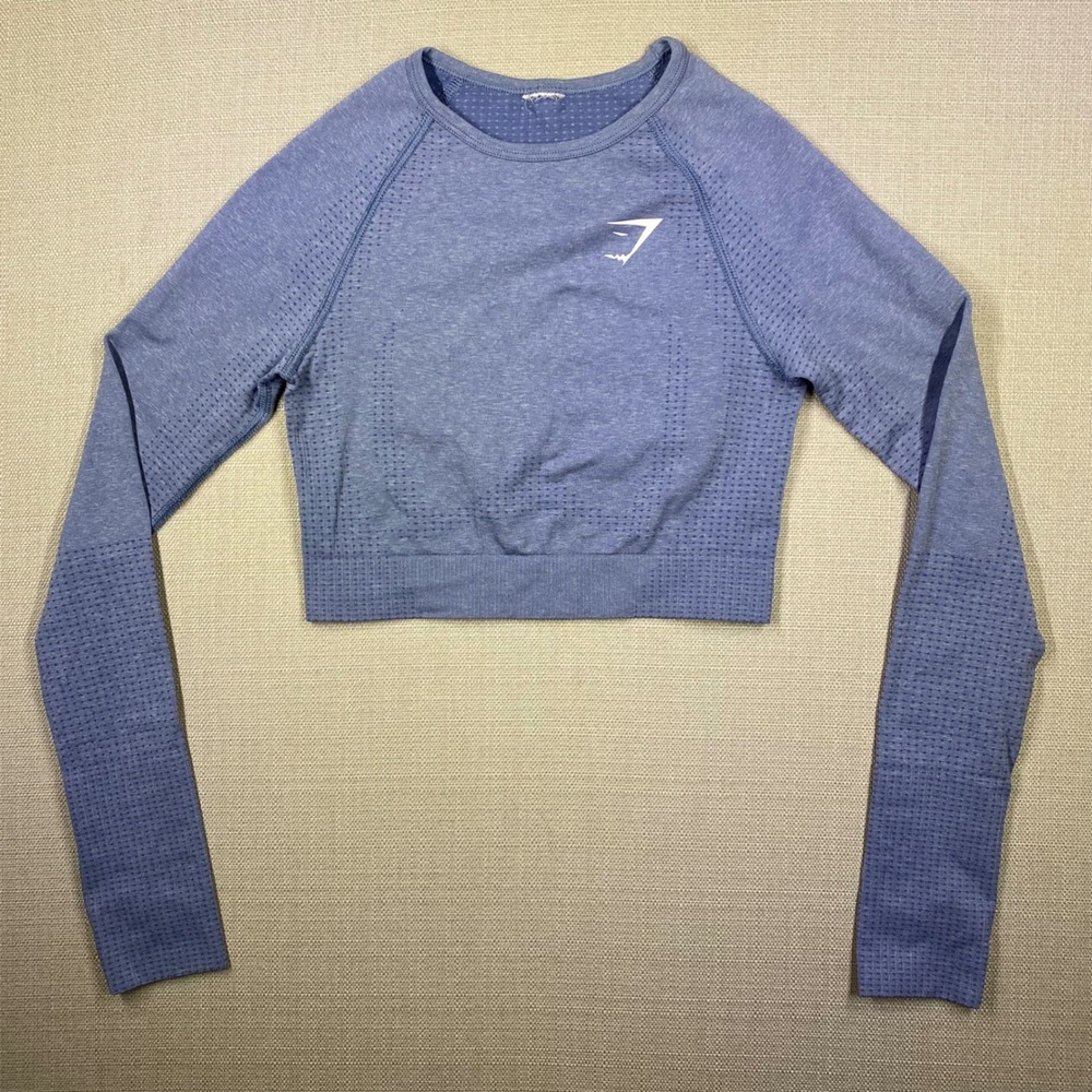 Gymshark Womens Vital Seamless Crop Top Blue Marl Long Sleeve Size XS